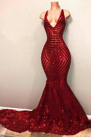 Red Sequins Shiny V-Neck Mermaid Long Prom Dresses