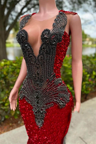 Red Sleeveless Mermaid Prom Dress with Scoop Neck Sequins and Beadings