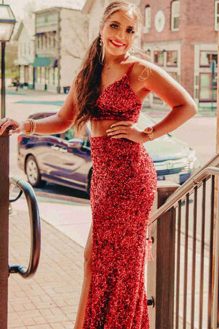 Two Piece Mermaid Sequins Prom Dress with Slit