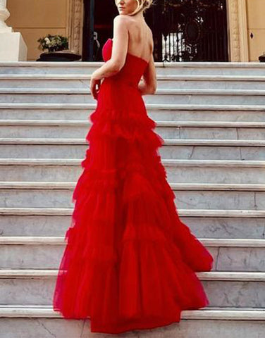 A-Line Strapless Ruffled Tulle Prom Dress