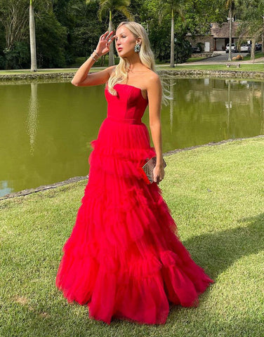 A-Line Strapless Ruffled Tulle Prom Dress