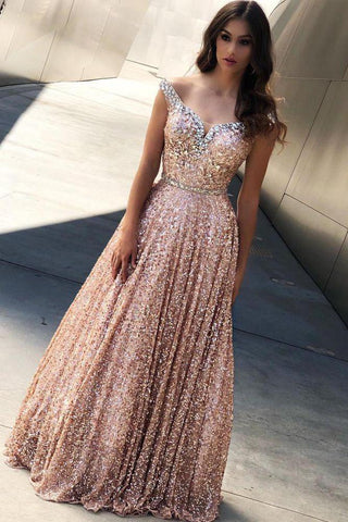 Rose Gold Sequins Evening Dresses Off-the-Shoulder Chic  Formal Dresses