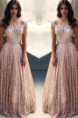 Rose Gold Sequins Evening Dresses Off-the-Shoulder Chic  Formal Dresses