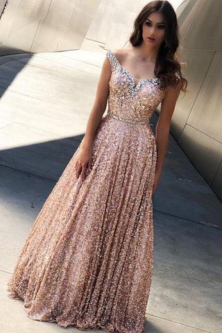 Rose Gold Sequins Evening Dresses Off-the-Shoulder Chic  Formal Dresses