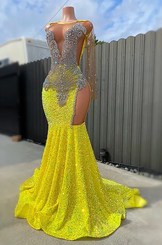 Round neck Silver Beaded Mermaid Yellow Sequin Prom Dresses