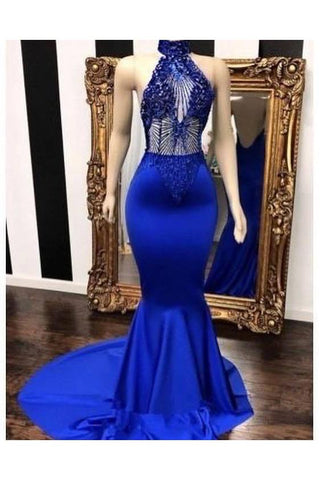 Royal Blue Halter Sleeveless Lace Beading Mermaid Long Prom Dresses