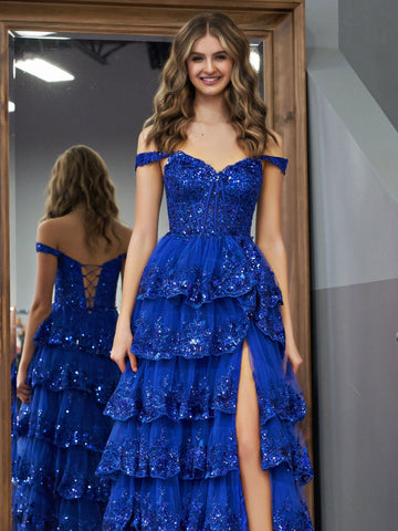 Princess A Line Off the Shoulder Corset Prom Dress with Lace Ruffles