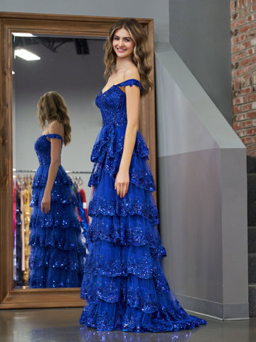 Princess A Line Off the Shoulder Corset Prom Dress with Lace Ruffles