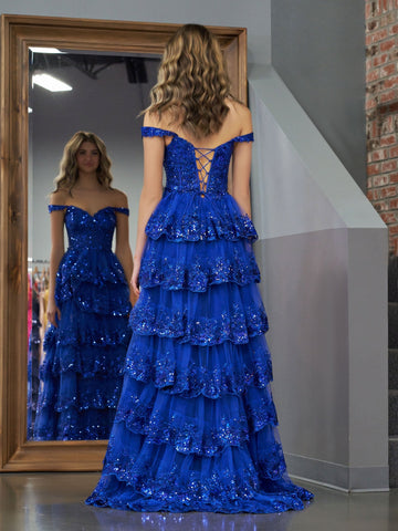 Princess A Line Off the Shoulder Corset Prom Dress with Lace Ruffles