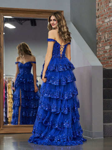 Princess A Line Off the Shoulder Corset Prom Dress with Lace Ruffles