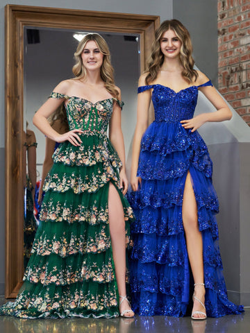 Princess A Line Off the Shoulder Corset Prom Dress with Lace Ruffles