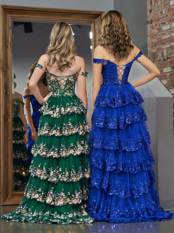 Princess A Line Off the Shoulder Corset Prom Dress with Lace Ruffles