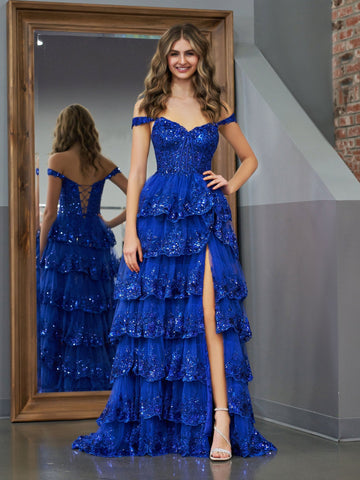 Princess A Line Off the Shoulder Corset Prom Dress with Lace Ruffles