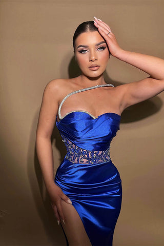 Royal Blue Sleeveless Sweetheart One Shoulder Mermaid Prom Dress with High Split Beadings