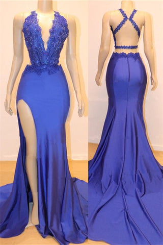 Royal Blue V-Neck Open back Split Mermaid Beads Lace Prom Dresses