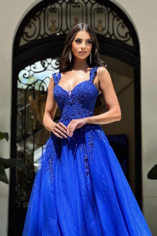 Royal Long Blue Sleeveless Evening Prom Dresseses A-line Lace Evening Gown