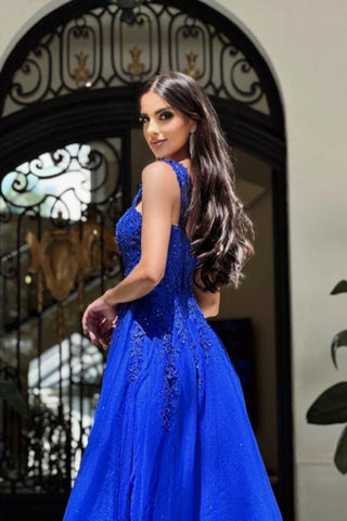 Royal Long Blue Sleeveless Evening Prom Dresseses A-line Lace Evening Gown