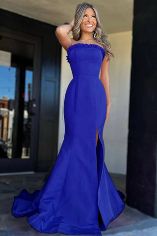 Strapless Maganta Ruffle Mermaid Slit Long Prom Dress
