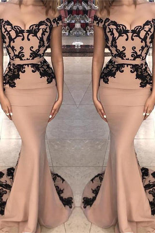 SCARLETT Mermaid Long Cap Sleeves Off-shoulder Applique Prom Dresses