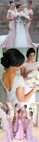 Inexpensive Cap Sleeve Open Back Mermaid Long Bridesmaid Dresses With Beading