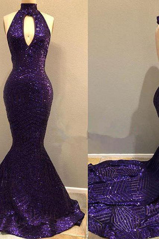 Sequins Halter Grape Party Dresses Backless Long Evening Gowns
