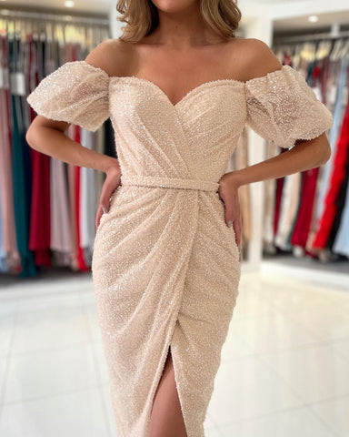 Sequins Short Prom Dress Split Ball DressesOff-the-Shoulder