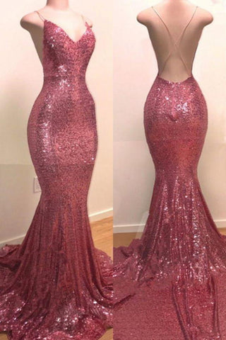Sequins Sleeveless V-Neck Spaghetti Backless Prom Dresses
