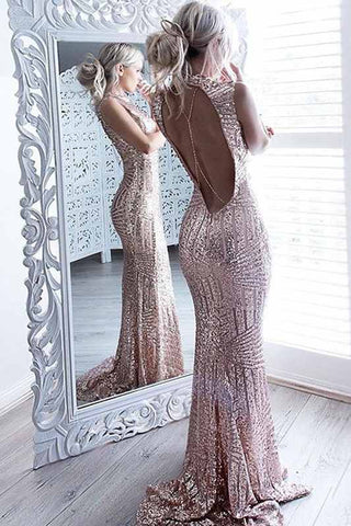 Sequins Sparkling Sheath Formal Dress Chic Backless Sleeveless High-Neck Formal Dresses