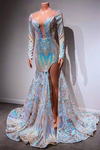 Sequins Split Mermaid Prom Dresses with Long Sleeves