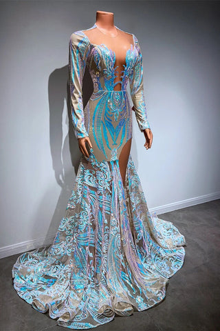 Sequins Split Mermaid Prom Dresses with Long Sleeves