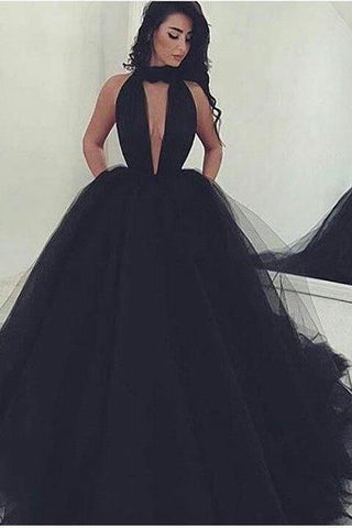 Sexy Ball Gown Black Prom Dress Long Tulle Sexy Deep V-Neck