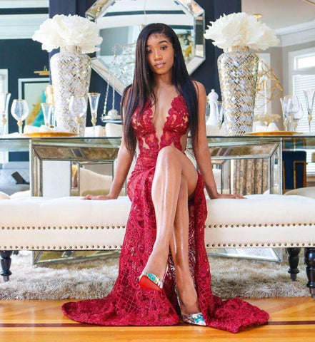 Sexy Deep V-Neck Red Formal DressesFloral Lace Appliques Split Front Party Dress