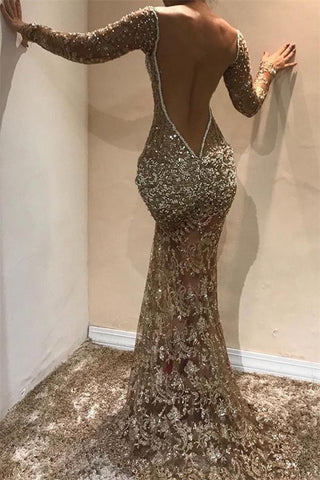 Sexy Gold V-Neck Long Sleevess Mermaid Prom Dress Sequins Long