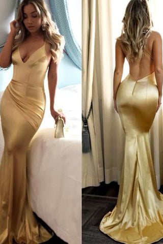 Sexy Spaghetti-Strapss Backless Mermaid Prom Dress Sequins V-Neck Chiffon Gold Long