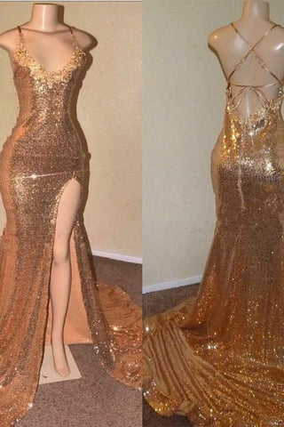 Sexy Spaghetti-Strapss V-Neck Mermaid Prom Dress Sequins Long Chiffon Gold With Split