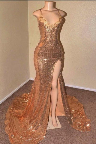 Sexy Spaghetti-Strapss V-Neck Mermaid Prom Dress Sequins Long Chiffon Gold With Split