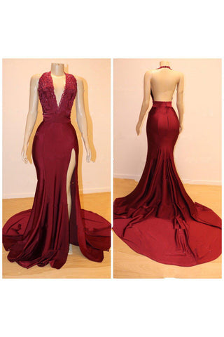 Sexy V-Neck Chiffon Mermaid Prom Dress Sequins Long Backless With Split