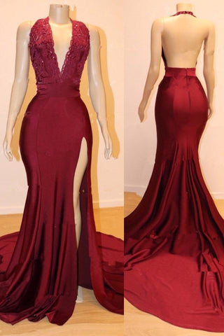 Sexy V-Neck Chiffon Mermaid Prom Dress Sequins Long Backless With Split