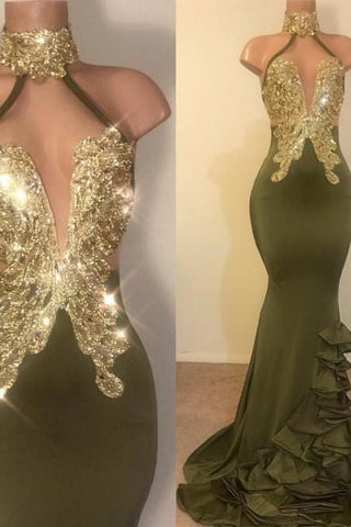 Sexy V-Neck Halter Backless Mermaid Prom Dress Sequins Chiffon Green Long Backless
