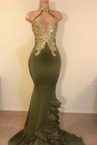 Sexy V-Neck Halter Backless Mermaid Prom Dress Sequins Chiffon Green Long Backless