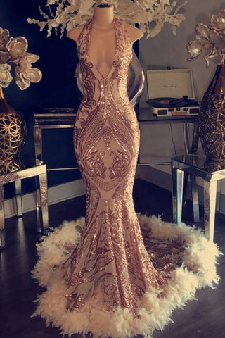 Sexy V-Neck Halter Mermaid Prom Dress Gold Sequins Long Backless