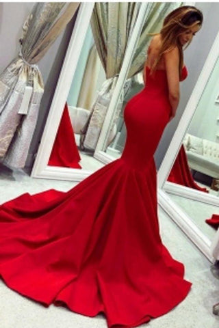 Sey Red Satin Mermaid Ärmellos Sweetheart Bodenlang Rückenfrei Ballkleider Abendkleider Mit Reißverschluss