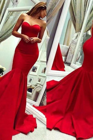 Sey Red Satin Mermaid Ärmellos Sweetheart Bodenlang Rückenfrei Ballkleider Abendkleider Mit Reißverschluss