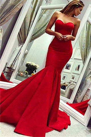 Sey Red Satin Mermaid Ärmellos Sweetheart Bodenlang Rückenfrei Ballkleider Abendkleider Mit Reißverschluss