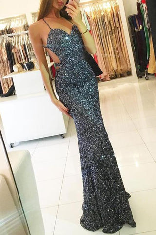 Dunkelgraues, rückenfreies Meerjungfrau-Abendkleid mit Spaghettiträgern und Pailletten 