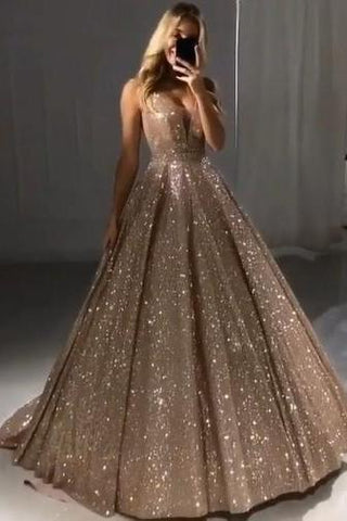 Shiny Gold Ball Gown Evening Dresses Chic V-Neck Sequin Prom Dresses
