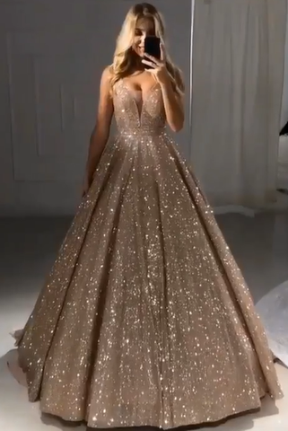 Shiny Gold Ball Gown Evening Dresses Chic V-Neck Sequin Prom Dresses