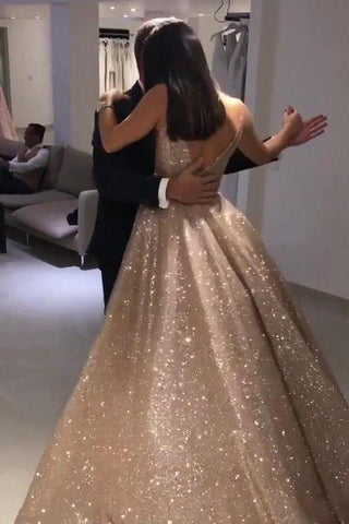 Shiny Gold Ball Gown Evening Dresses Chic V-Neck Sequin Prom Dresses