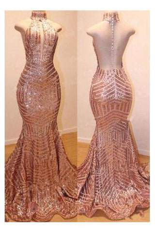 Shiny High-Neck Sleeveless Sequins Mermaid Prom Dresses