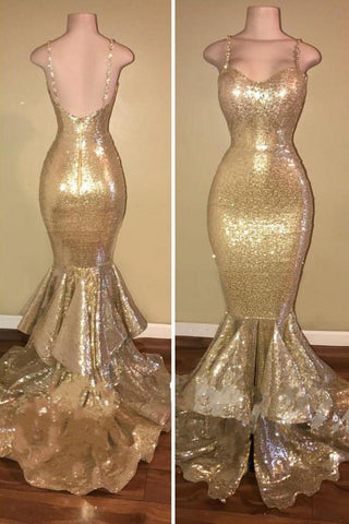 Shiny Sequins Mermaid Spaghettis-Straps Layers-Train Gold Prom Dresses